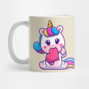 Cute Unicorn Bite Love With Love Sign Hand Cartoon Mug